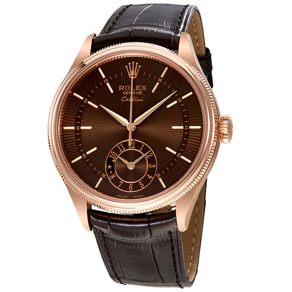 Rolex Cellini Brown Guilloche Dial Automatic Men's 18K Everose Gold Leather Watch #50525BRSBRL - Watches of America
