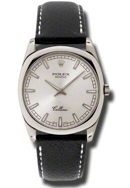 Rolex Cellini Danaos Silver Dial 18kt White Gold Black Leather Men's Watch #4243.9 - Watches of America