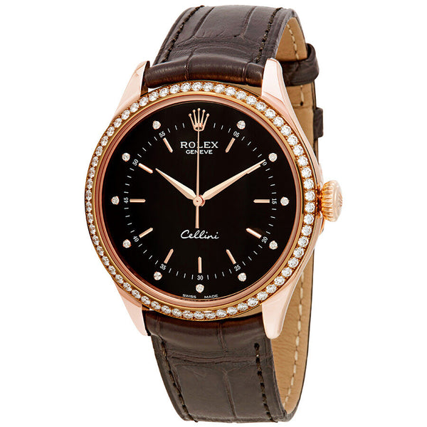 Rolex Cellini Time Black Diamond Dial Automatic Men's Leather Watch #50705BKDL - Watches of America