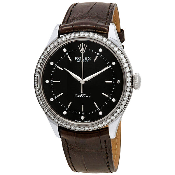 Rolex Cellini Time Black Diamond Dial Ladies Alligator Leather Watch #50709BKDL - Watches of America