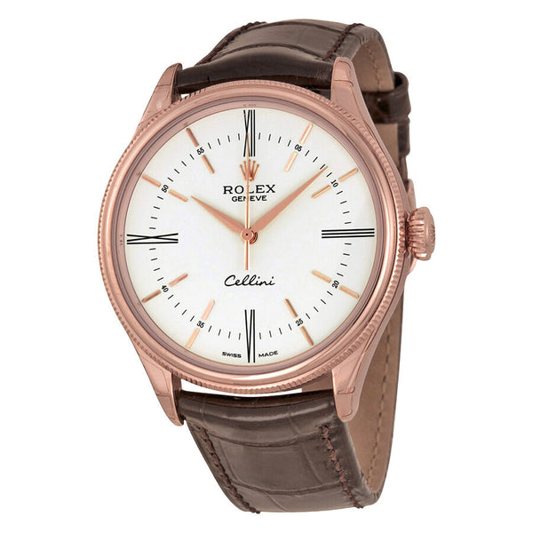 Rolex Cellini White Dial 18K Rose Gold Leather Men's Watch #50505WSRL - Watches of America