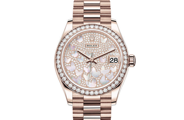 Rolex Datejust 31 Automatic Mother of Pearl Butterfly Diamond Pave Dial Ladies 18 ct Everose Gold President Watch #278285PAVEP - Watches of America