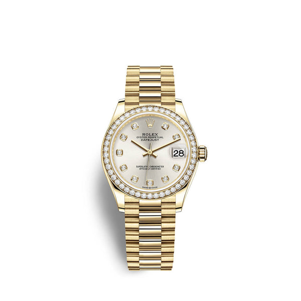 Rolex Datejust 31 Automatic Silver Diamond Dial Ladies 18kt Yellow Gold President Watch #278288SDP - Watches of America