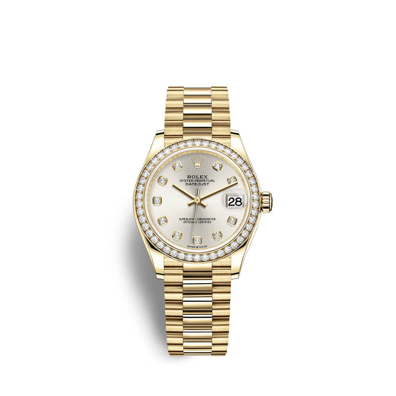 Rolex Datejust 31 Automatic Silver Diamond Dial Ladies 18kt Yellow Gold President Watch #278288SDP - Watches of America