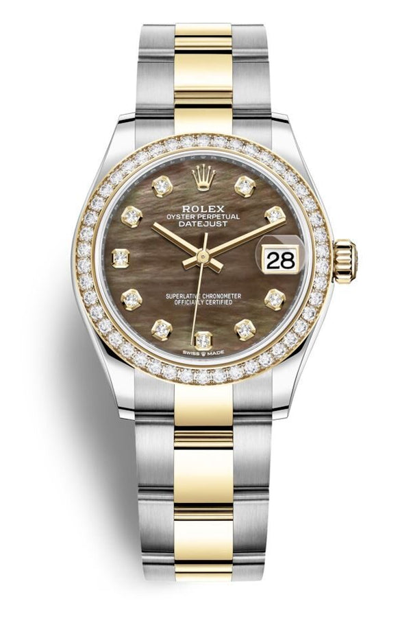Rolex Datejust 31 Black Mother of Pearl Diamond Dial Ladies Steel and 18kt Yellow Gold Oyster Watch #278383BKMDO - Watches of America
