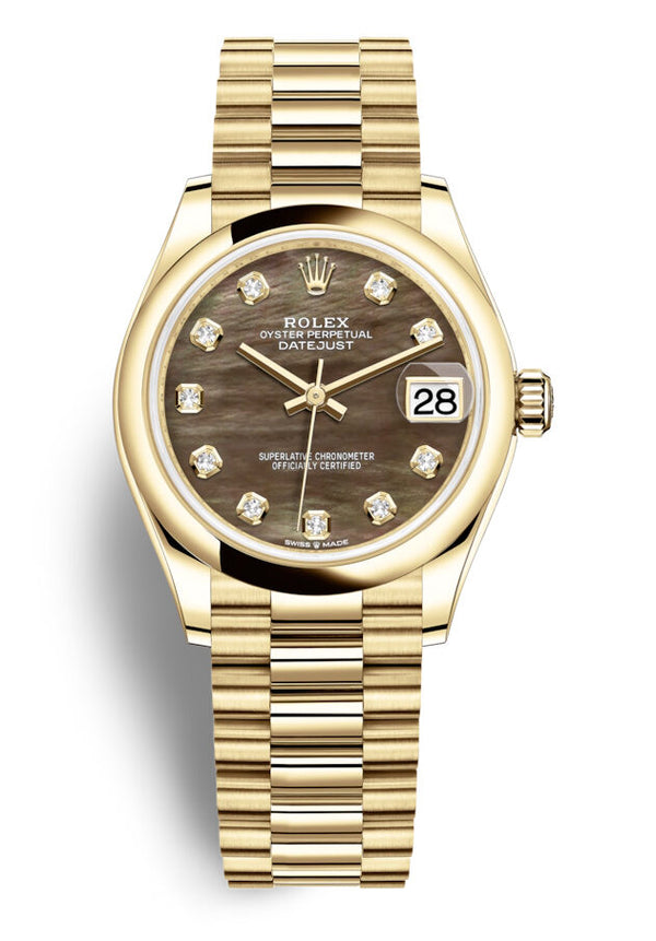 Rolex Datejust 31 Black Mother of Pearl Diamond Ladies 18kt Yellow Gold President Watch #278248BKMDP - Watches of America