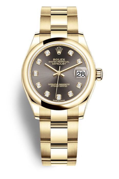 Rolex Datejust 31 Dark Grey Diamond Dial Ladies 18kt Yellow Gold Oyster Watch #278248GYDO - Watches of America
