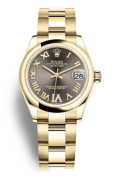 Rolex Datejust 31 Dark Grey Diamond Dial Ladies 18kt Yellow Gold Oyster Watch #278248GYRDO - Watches of America