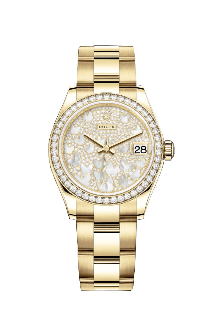 Rolex Datejust 31 Diamond Pave Mother of Pearl Butterfly Dial Ladies 18kt Yellow Gold Oyster Watch #278288PAVEO - Watches of America