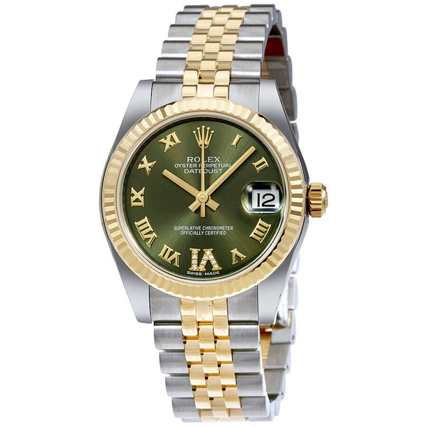 Rolex Datejust 31 Green Roman Numeral Diamond Dial Steel and 18K Yellow Gold Ladies Watch #178273GNRDJ - Watches of America