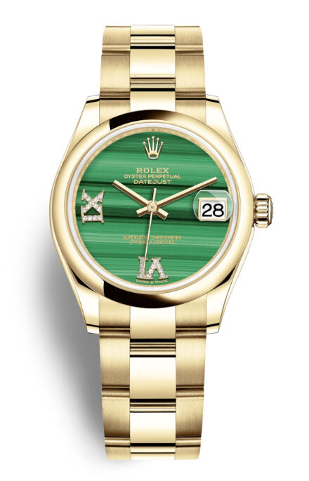 Rolex Datejust 31 Malachite Diamond Dial Ladies 18kt Yellow Gold Oyster Watch #278248MLRDO - Watches of America