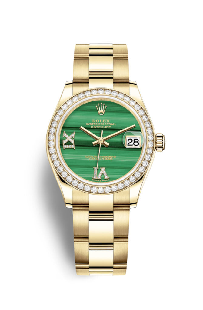 Rolex Datejust 31 Malachite Diamond Dial Ladies 18kt Yellow Gold Oyster Watch #278288MLRDO - Watches of America