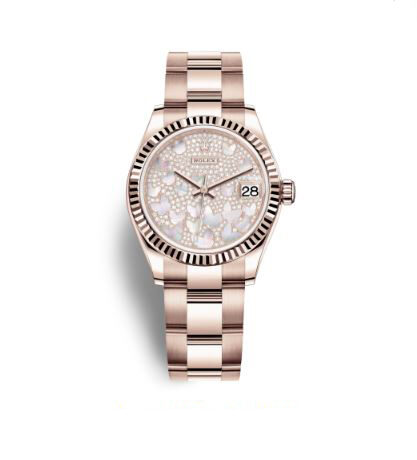 Rolex Datejust 31 Mother of Pearl Butterfly Diamond Pave Dial Ladies 18kt Everose Gold Oyster Watch #278275PAVEO - Watches of America