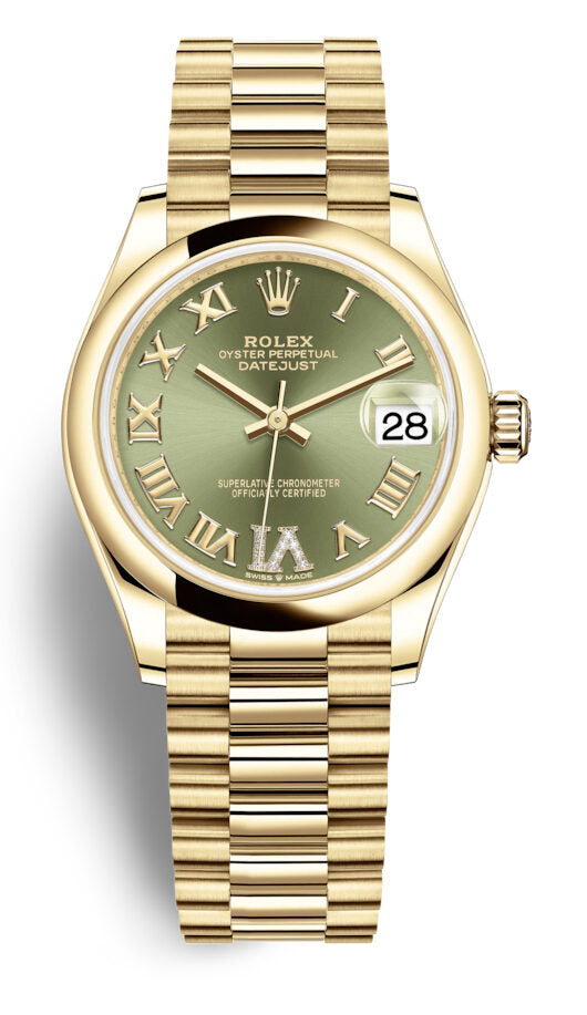 Rolex Datejust 31 Olive Green Dial Automatic Ladies 18kt Yellow Gold President Watch #278248GNRDP - Watches of America