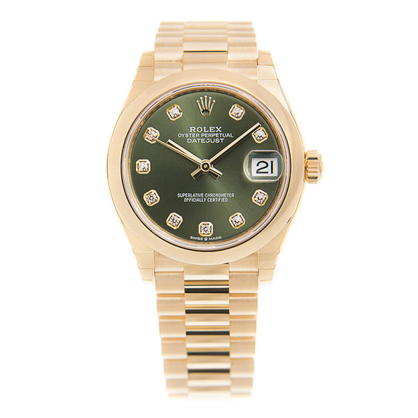 Rolex Datejust 31 Olive Green Diamond Dial Automatic Ladies 18kt Yellow Gold President Watch #278248GNDP - Watches of America #2