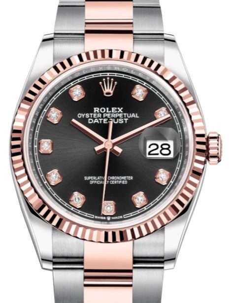 Rolex Datejust 36 Black Diamond Dial Ladies Steel and 18kt Everose Gold Oyster Watch #126231BKDO - Watches of America