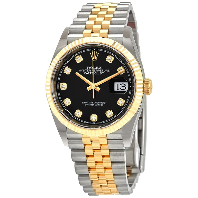 Rolex Datejust 36 Black Diamond Dial Men's Stainless Steel and 18kt Yellow Gold Jubilee Watch #126233BKDJ - Watches of America