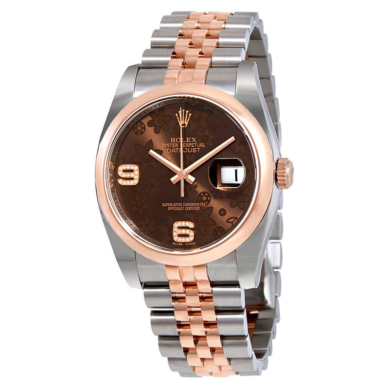 Rolex Datejust 36 Brown Floral Dial Steel and 18K Everose Gold Ladies Watch #116201BRFDAJ - Watches of America