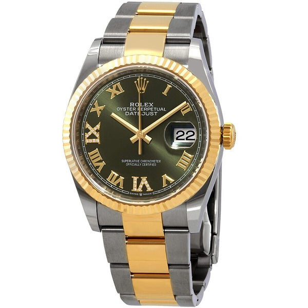 Rolex Datejust 36 Olive Green Diamond Dial Men's Stainless Steel and 18kt Yellow Gold Oyster Watch #126233GNRDO - Watches of America