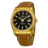 Rolex Datejust Black Dial 18kt Yellow Gold Brown Leather Strap Men's Watch #116138BKSL - Watches of America