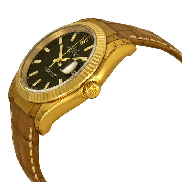 Rolex Datejust Black Dial 18kt Yellow Gold Brown Leather Strap Men's Watch #116138BKSL - Watches of America #2