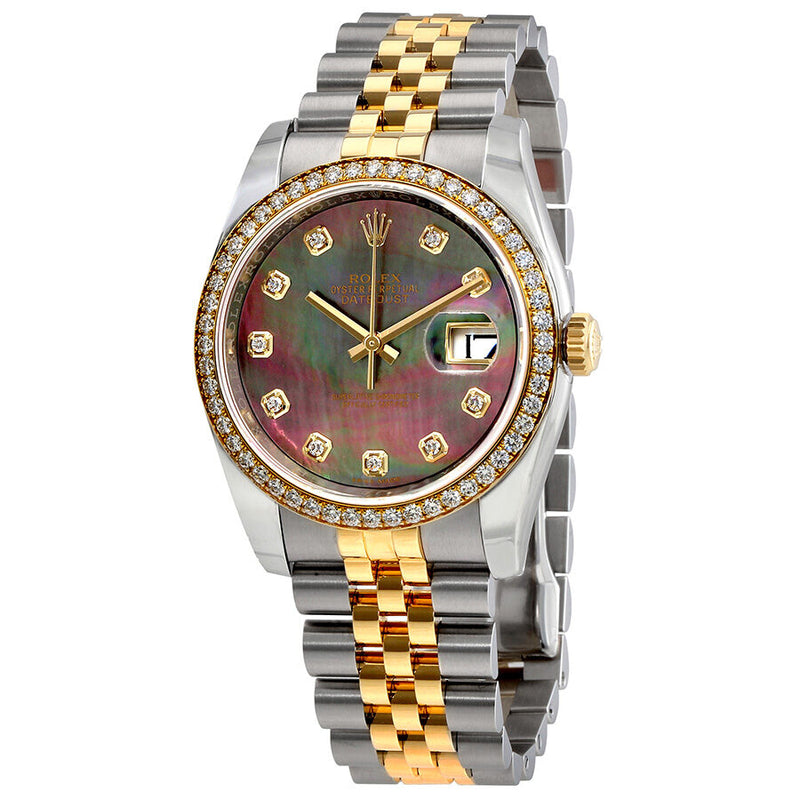 Rolex Datejust Black Mother of Pearl Dial Automatic Ladies 18 Carat Yellow Gold and Stainless Steel Watch #116243BKMDJ - Watches of America