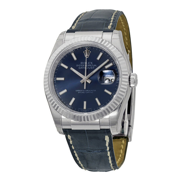 Rolex Datejust Blue Dial 18k White Gold Case Blue Leather Men's Watch #116139BLSL - Watches of America