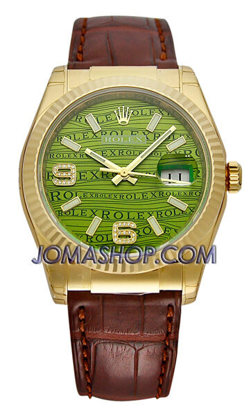 Rolex Datejust Green Jubilee Arabic Dial Fluted Bezel Leather Strap Men's Watch #116138GJASL - Watches of America