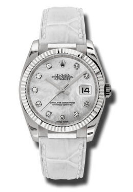 Rolex Datejust Mother of Pearl Diamond Dial 18kt White Gold White Leather Strap Men's Watch #116139MDL - Watches of America