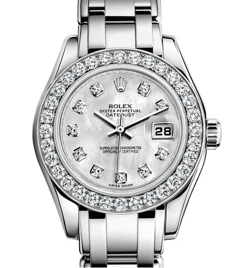 Rolex Lady-Datejust Pearlmaster White Mother Of Pearl Diamond Dial 18K White Gold Automatic Ladies Watch #80299MDPM - Watches of America