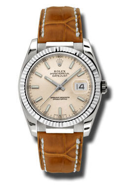 Rolex Datejust Pink Dial 18kt White Gold Brown Leather Strap Men's Watch #116139PSL - Watches of America