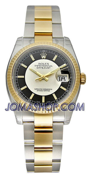 Rolex Oyster Perpetual Datejust 36 Silver and black Dial Stainless Steel and 18K Yellow Gold Bracelet Automatic Men's Watch #116233BKSSO - Watches of America