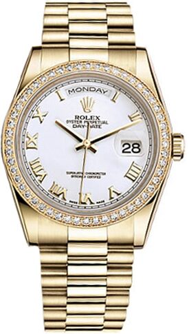 Rolex Day-Date 36 Automatic White Dial Ladies 18kt Yellow Gold President Watch #118348WRP - Watches of America