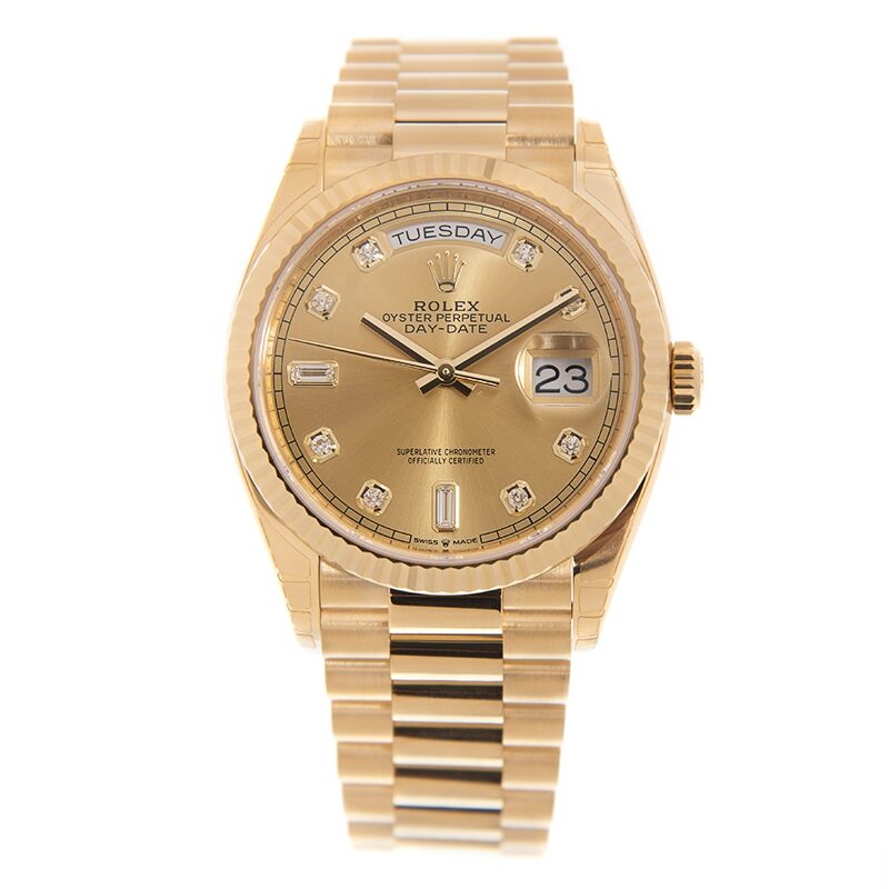 Rolex Day-Date 36 Champagne Diamond Dial 18kt Yellow Gold President Watch #128238CDP - Watches of America #2