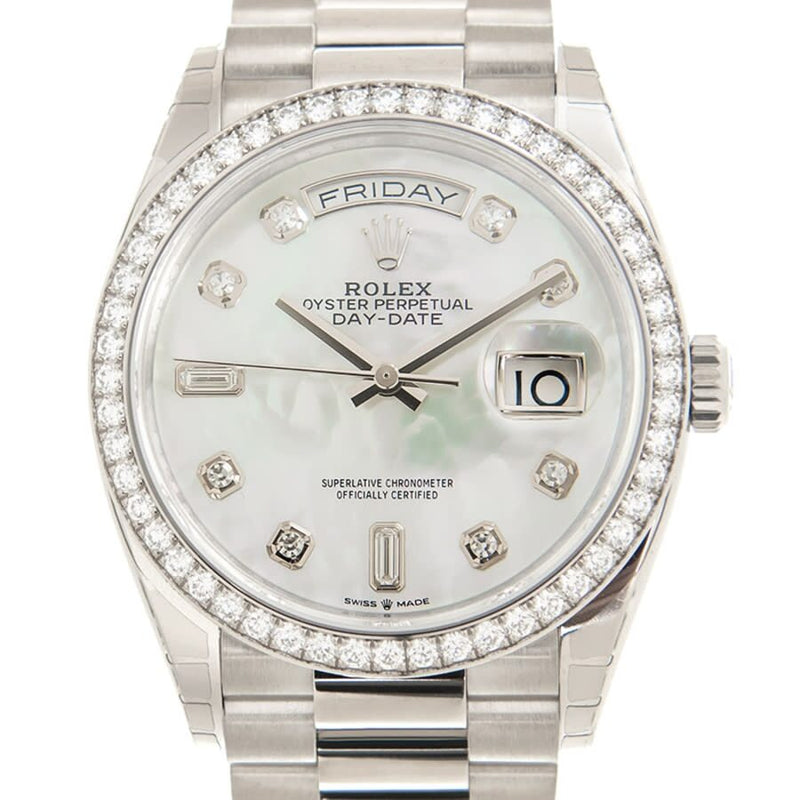 Rolex Day-Date 36 Mother of Pearl Diamond Dial 18kt White Gold President Watch #128349MDP - Watches of America