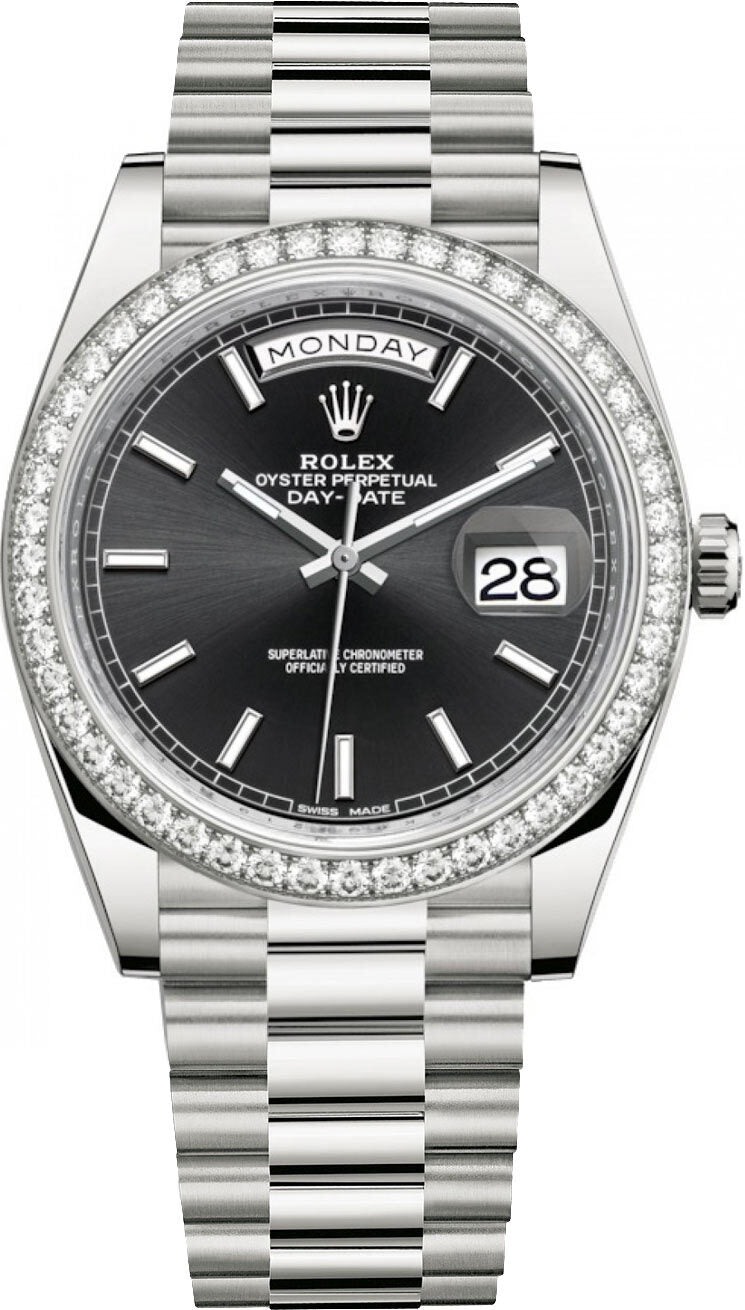 Rolex Day Date 40 Automatic Black Dial Men's 18kt White Gold Watch #228349BKSP - Watches of America