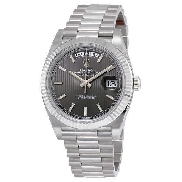 Rolex Day-Date 40 Dark Rhodium Stripe Motif Dial 18K White Gold President Automatic Men's Watch #228239RSSP - Watches of America