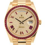 Rolex Day-Date 40 Diamond Pave W/ Red Sapphire Bezel Men's Watch #228398 DRRP - Watches of America