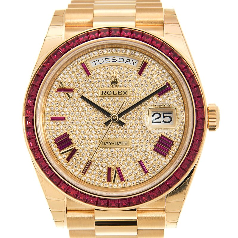 Rolex Day-Date 40 Diamond Pave W/ Red Sapphire Bezel Men's Watch #228398 DRRP - Watches of America