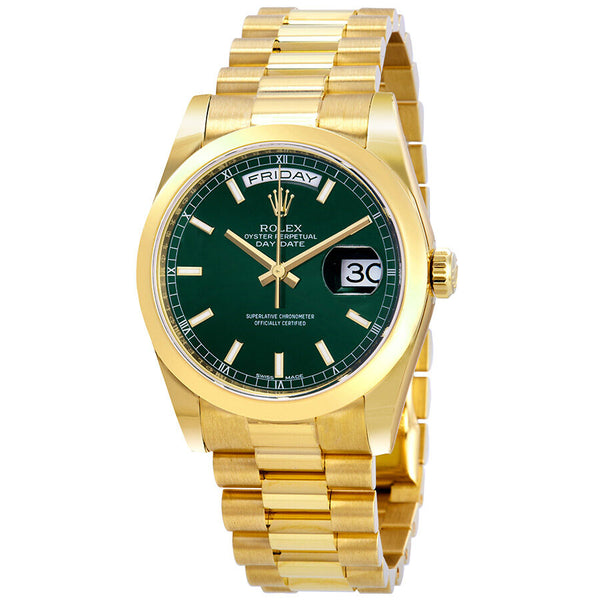 Rolex Day-Date Automatic Green Dial Men's 18kt Yellow Gold President Watch #118208GNSP - Watches of America