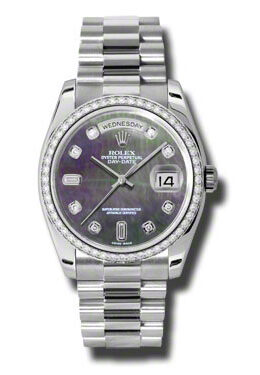 Rolex Day-Date Black Mother Of Pearl Dial Platinum President Automatic Ladies Watch #118346BKMDP - Watches of America