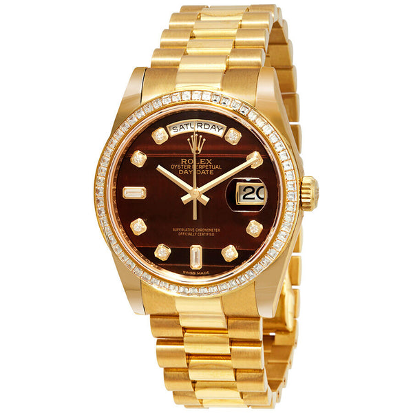 Rolex Day-Date Chocolate Bulls Eye Diamond Dial Automatic Men's 18kt Yellow Gold President Watch #118398CHBEDP - Watches of America