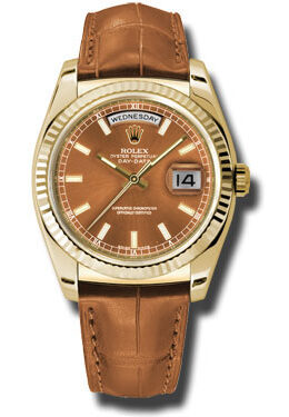 Rolex Day Date Cognac Dial 18K Yellow Gold Leather Men's Watch #118138COL - Watches of America