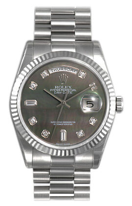 Rolex Day-Date Black Mother-Of-Pearl Dial 18K White Gold President Automatic Men's Watch #118239DMDP - Watches of America