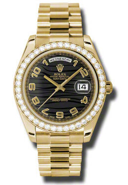 Rolex Day-Date II Black Wave Dial 18K Yellow Gold President Automatic Men's Watch #218348BKWAP - Watches of America
