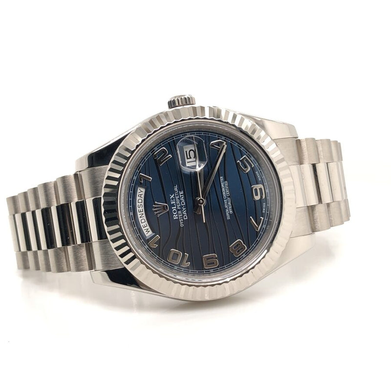 Rolex Day-Date II Blue Wave Dial 18K White Gold President Automatic Men's Watch #218239BLWAP - Watches of America #2
