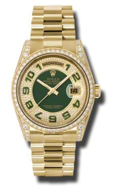 Rolex Day-Date Pave Green Automatic 18kt Yellow Gold Ladies  Watch#118388PGAP - Watches of America
