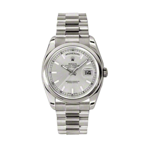 Rolex Day-Date Silver Dial 18K White Gold President Automatic Men's Watch #118209SSP - Watches of America