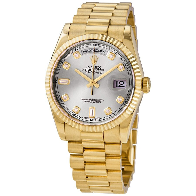 Rolex Day-Date Silver Dial 18K Yellow Gold President Automatic Men's Watch #118238SDP - Watches of America