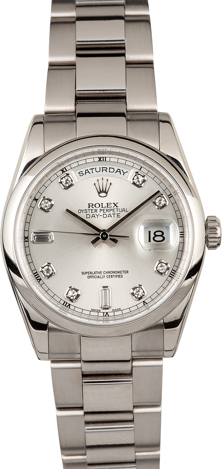 Rolex Day-Date Silver With Diamonds Dial 18K White Gold Oyster Bracelet Automatic Men's Watch #118209SDO - Watches of America